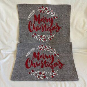 Set Of 2 Merry Christmas Wreath Placemats Gray Red Festive Dining Table Decor 18